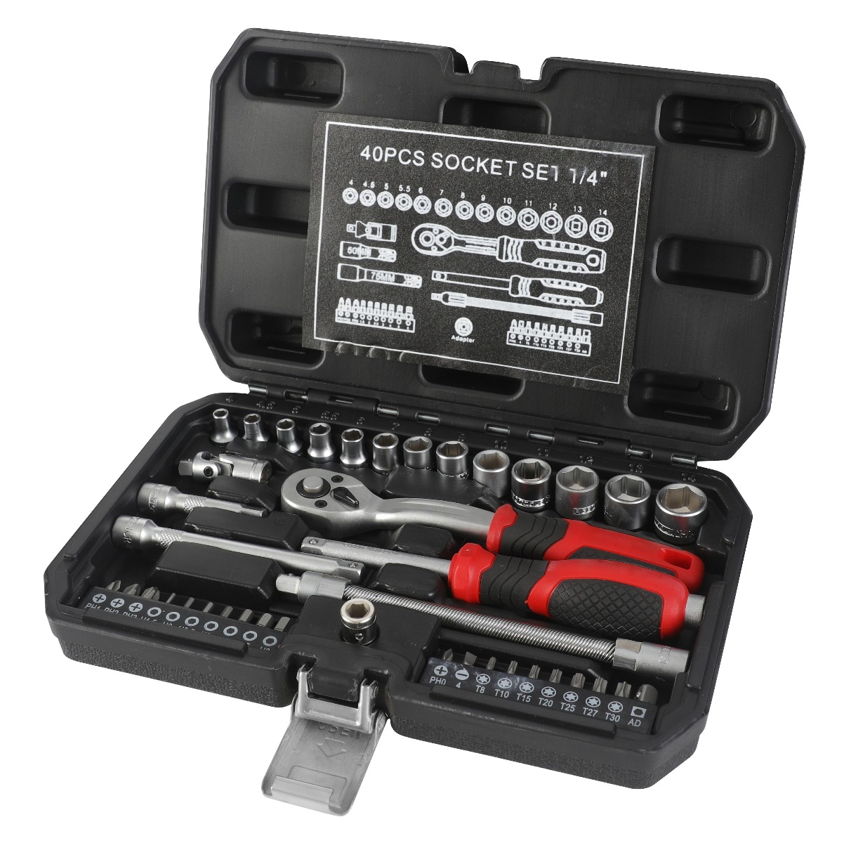 COMPOSITION DE DOUILLE 40 PCES CARRE 1/4 AVEC EMBOUTS MARQUE ELGTOOLS REF 803040