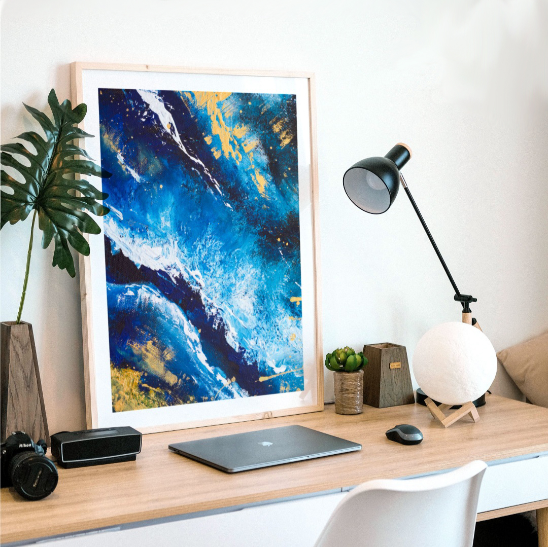 POSTER MOTIF ART ACRYLIQUE BLEU