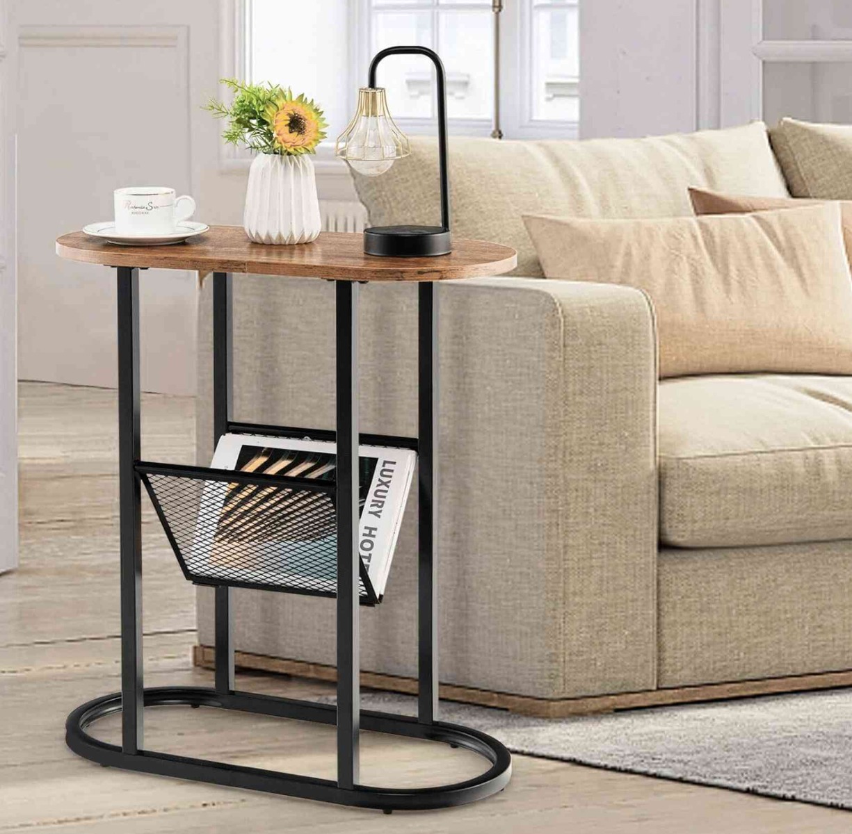 Walmokid Table D'Appoint Industrielle 3 Niveaux Avec Porte-Revues En Tissu 46x18x55 Cm Bois Et Métal Pour Salon Chambre